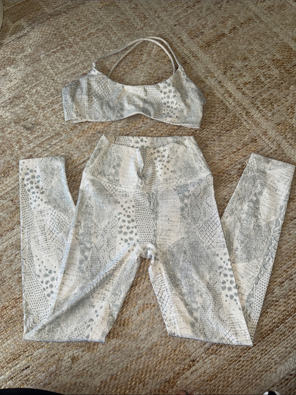 White and Light Gray Snake-Print Leggings with Matching Sports Bra